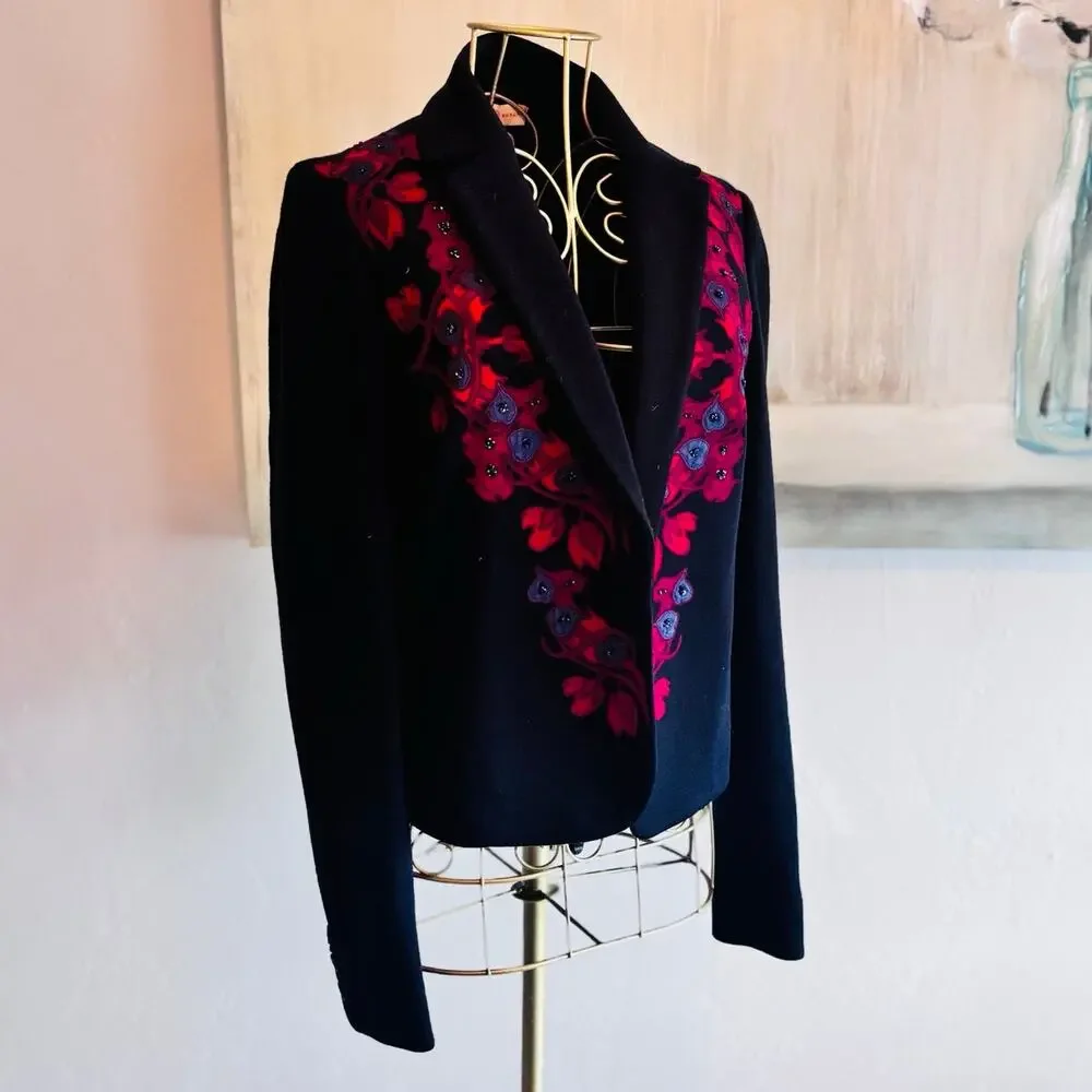 Tory Burch Navy Wool Blend Embroidered Floral Beaded Blazer Jacket XS